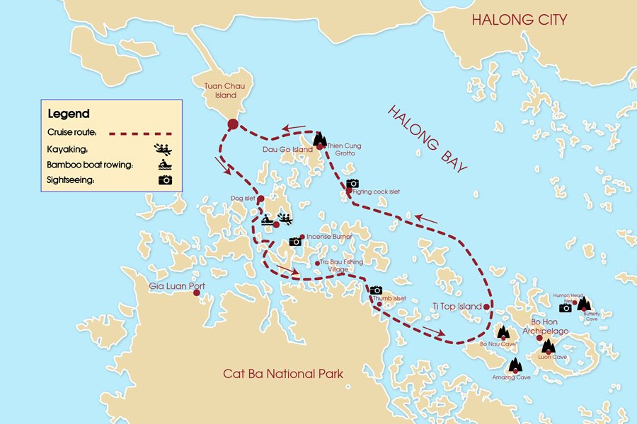 Carte des itinéraires de croisière dans la baie d'Halong.
