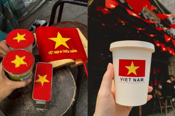 Les tasses à café sont conçues avec des stickers ou des toppings du drapeau vietnamien.